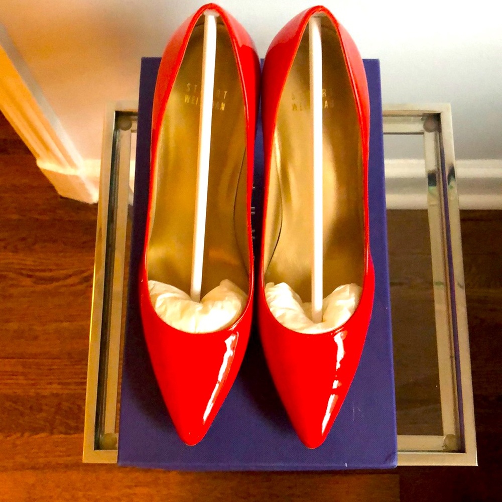 Stuart Weitzman pimento patent neon heels